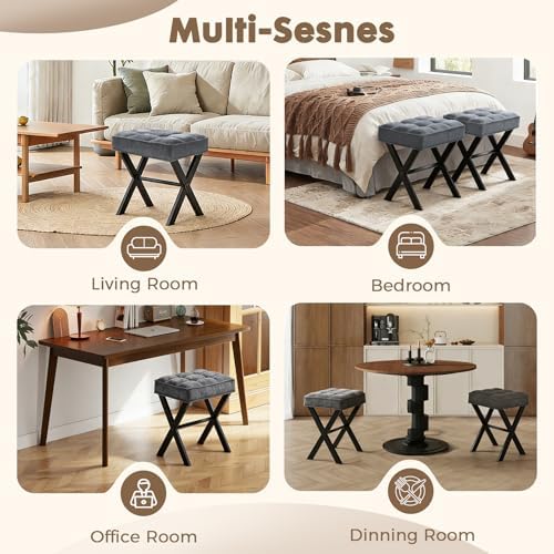 Makeup Chair, Modern Luxury Vanity Stool with Linen Plush Seat | Compact X Base Vanity Bench for College Dorm, Small Upholstered Foot Rest for Living Room(X-Gray)