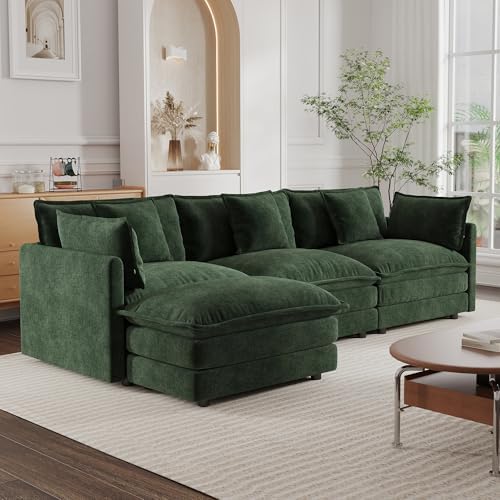 mikibama Modular Sectional Sofa, 111.5 Inch L Shaped Couch Set for Living Room, 3-Seater Comfy Cloud Couches with Movable Ottoman, DIY Combination, Chenille, Evergreen