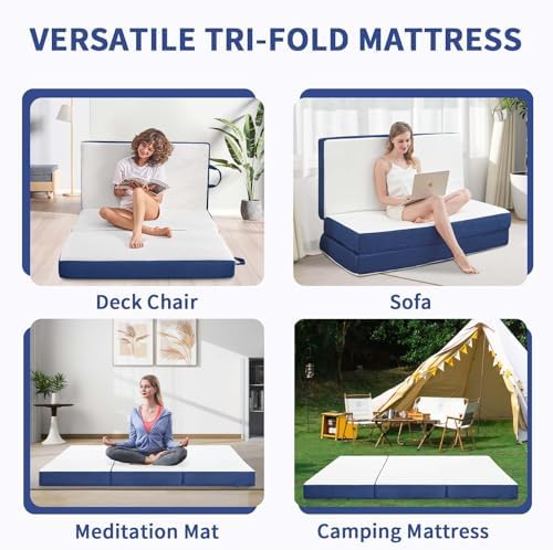 CYMULA Folding Mattress Twin, 6 Inch Memory Foam Tri-Fold Floor Bed and Futon,Twin Topper with Breathable & Washable Cover,Foldable Mattress for Guest Bed, Office Nap,Camping,White，38"x75" 6"