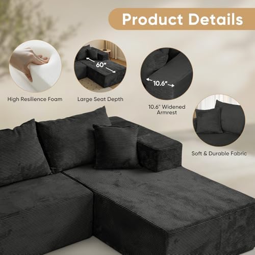 103" L Shaped Sectional Couch for Living Room, Modular Cloud Sofa | Modern Comfy Deep Seat Memory Foam Couch in Box, No Assembly, Right Facing Chaise (1CM Wide Striped Corduroy, Black)
