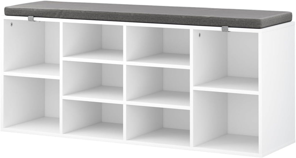 NUNU LAB Shoe Storage Bench, Shoe Bench with Removable Cushion 10 Cubbies, Space Saving Shoe Rack, 41 x 12 x 16.75 Inches, White
