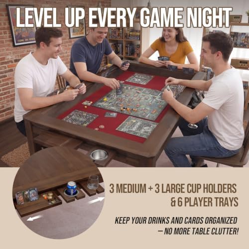 63" Solid Wood Board Game Table for Gaming/Dining, Removable Top | Gaming Table for 4–6 Players with 54" x 30.7" Play Area, Neoprene Play Mat, Leaf Storage Rack, 6 Cup Holders & Trays, Walnut