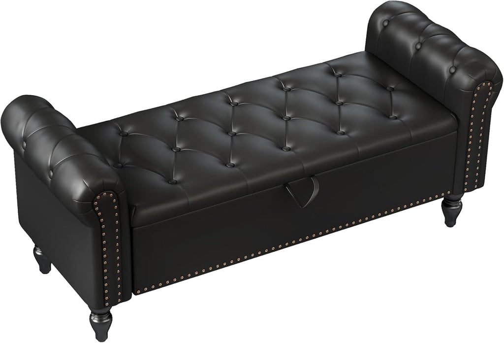 Furniliving 51” End of Bed Bench, Bedroom Bench with Button-Tufted, Large Upholstered Storage Ottoman Benches Entryway Bench with Storage Shoe Cabinet Bench, for Bedroom, Living Room, PU, Black