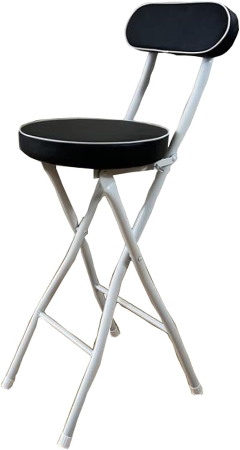 Portable Folding Stool, Non-Slip Feet, Kitchen Folding Stool with Backrest, Padded, Folding Round Stool for Adults Kitchen Garden Bathroom(Black+White,55cm/22in)