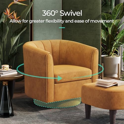 LINSY Large Swivel Accent Chair with Ottoman, Velvet Barrel Chair with Footrest, Modern Upholstered Comfy Reading Chair Armchair for Living Room, Bedroom, Study Room, Office, Yellow