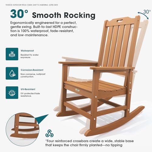 THOEOE Outdoor Rocking Chairs Set of 2, Oversized Patio Rocking Chair | HDPE Outdoor Rockers for Front Porch, Patio, Backyard, Balcony and Garden. All-Weather High Back Design, Wood