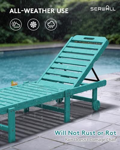 SERWALL HDPE Outdoor Chaise Lounge Set of 2 with Cup Holder & Wheels, Aruba | Weather-resistant chaise lounge resists fading, with 5-level adjustable back, cup holder and wheels.