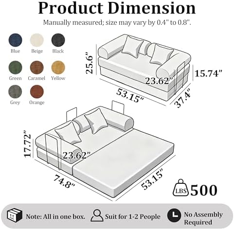 53.15'' Convertible Compressed Corduroy Folding Cloud Sofa Bed, Modern Pull Out Loveseat Sleeper in a Box, 4 in 1 Floor Mattress Futon Cloud Couch, No Assembly Needed, Green, 2 Pillows, Full