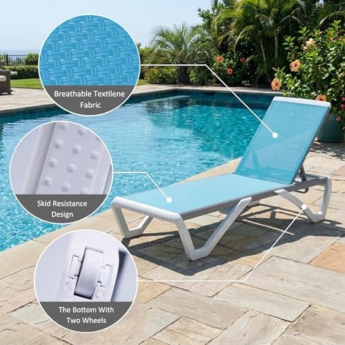 Kozyard Outdoor Chaise Lounge Chair, Full Flat Adjustable Patio Lounger with Aluminum Frame & Resin Legs, Textilene Fabric for Poolside, Backyard & Beach (Aqua, Chair)
