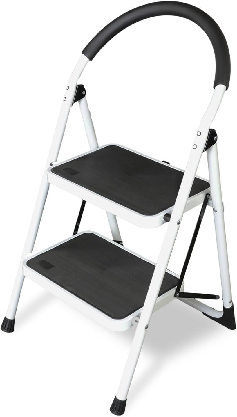 Big RED 2 Step Ladder: Ergonomic Folding Stool with Anti-Slip Pedal, Step Stool with Padded Handle for Kitchen, Household, Offices. 400 lb Capacity