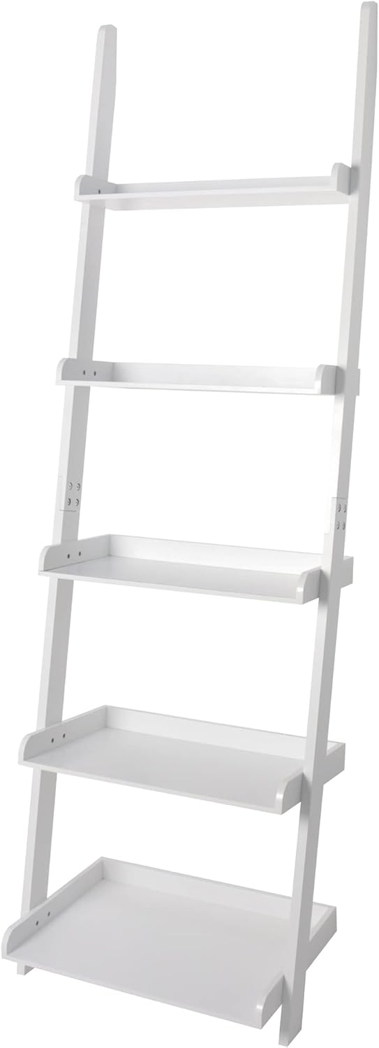 eHemco Modern 5 Tier Wall-Leaning Ladder Bookshelf Organizer, Storage Rack, 70 Inches, White