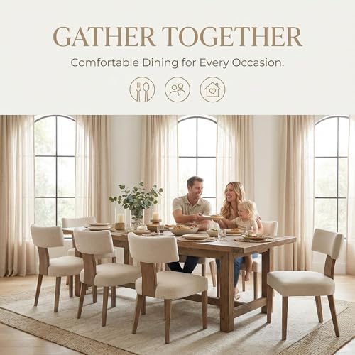 VESCASA Mid Century Modern Dining Chairs Set of 4, Upholstered Linen Dining Room Chairs with Ergonomic Curved Backrest, Solid Wood Legs, Kitchen Accent Chairs for Apartment, Farmhouse & Home, Beige