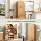 72" Tall Arched Kitchen Pantry, Mid-Century Fluted Wood Storage Cabinet with 4 Doors, 3 Adjustable Shelves, 8 Door Shelves, 1 Hidden Drawers, Versatile Cupboard for Living Room, Dining Room, Natural