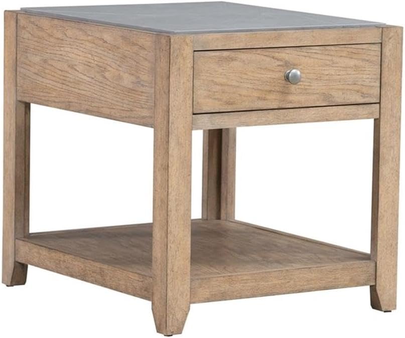 Pemberly Row 3-Piece Coffee Table Set, Rubberwood with Split Heart Cathedral White Oak Veneers, Nutmeg Finish, Includes Cocktail Table with Casters & 2 End Tables with Drawers, Tile Insert Tops for
