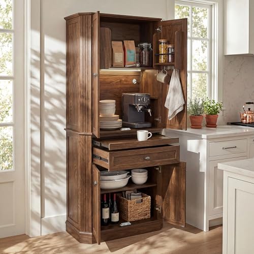 72.2" Tall Kitchen Pantry Cabinet with Doors, Farmhouse Storage Cabinet with Charging Station & LED Light, Drawer, Adjustable Shelves and Pull-Out Shelves, Walnut Wood Pantry Cupboard for Dining Room