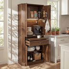 72.2" Tall Kitchen Pantry Cabinet with Doors, Farmhouse Storage Cabinet with Charging Station & LED Light, Drawer, Adjustable Shelves and Pull-Out Shelves, Walnut Wood Pantry Cupboard for Dining Room