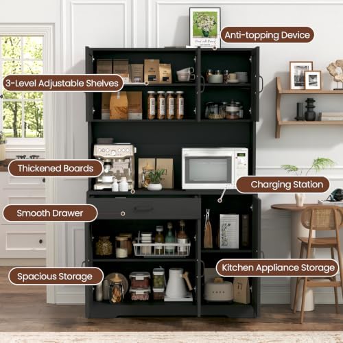 GRUSIGN 71" Pantry Cabinet with Charging Station, Large Capacity Kitchen Hutch Storage Cabinet, Kitchen Cabinet with Microwave Stand, Storage Drawers & Adjustable Shelves for Dining Room, Black