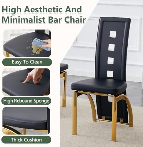 Dining Chairs Set of 2, Upholstered Kitchen Chairs | Faux Leather Cushion and Metal Legs, Modern Dining Room Chair for Restaurant Kitchen, Black and Gold
