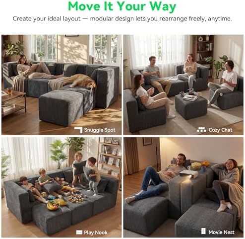 MONVANE U Shaped Sectional Couch Oversized, Chenille, Gray | 6-Seat Sectional Couch for Living Room, Modular Cloud Sofa with Ottoman & 6 Throw Pillows, No Assembly Required