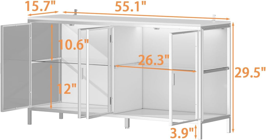FUFU&GAGA Sideboard Buffet with LED Lights, Glass Doors, Modern Display Cabinet with Glass Shelves, White Cupboard Credenza with Metal Leg, for Living Room Kitchen, 55.1”W x 15.7”D x 29.5”H