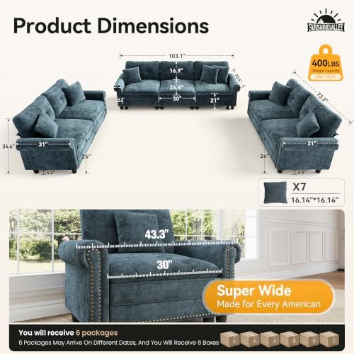 SUNSHINE VALLEY Modular Sectional Sofa and Loveseat Set Living Room 3-Piece | Mid-Century Modern 7-Seater Cloud Couch Set, Cyan, Rolled Arms & Nailhead Trim, Wider Deeper Seats, Chenille Furniture Set