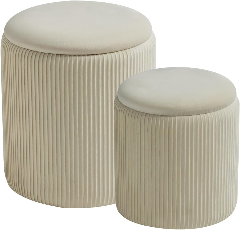 BLEXA Set of 2 Round Storage Ottoman, White Velvet Ottoman with Storage | Upholstered Padded Vanity Stool, Multifunctional Coffee Table & Foot Rest for Bedroom, Living room with Hidden Storage Space