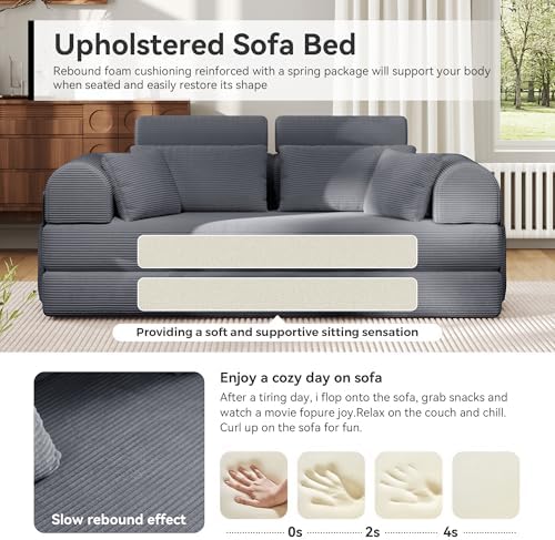 79"Round Arm Sofa with High Backrest Pillow for Living Room (Dark Gray) | Corduroy Loveseat Sleeper Sofa Bed, Modular Futon Couch with 2 High Backrest, Pull Out Couch No Assembly