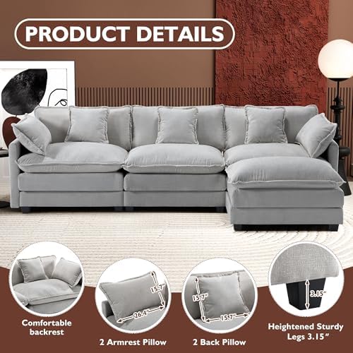 Ihanherry 111.4" L Shaped Modern Sofa Modular Sectional Cloud Couch with Ottoman, 4-Seat Chenille Deep Seat Sofa with Pillow for Living Room, Bedroom and Apartment, Grey