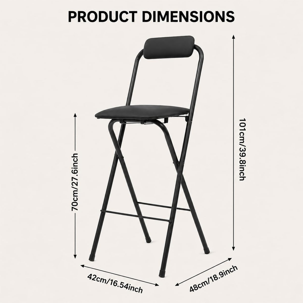 27.5'' Tall Folding Bar Stool, Cushioned Padded Folding Stool with Back, Portable Adult Folding Chair, 275 lbs Load Capacity, Counter Height Seat for Kitchen, Living Room, Garden, Camping, Black