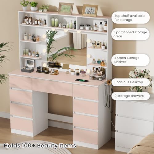 Vanity Desk with Mirror and Lights,43" Makeup Vanity Table with 9 Drawers and 7 Storage Shelves, Power Outlet & Adjustable LED Lights, Dressing Table for Bedroom，White