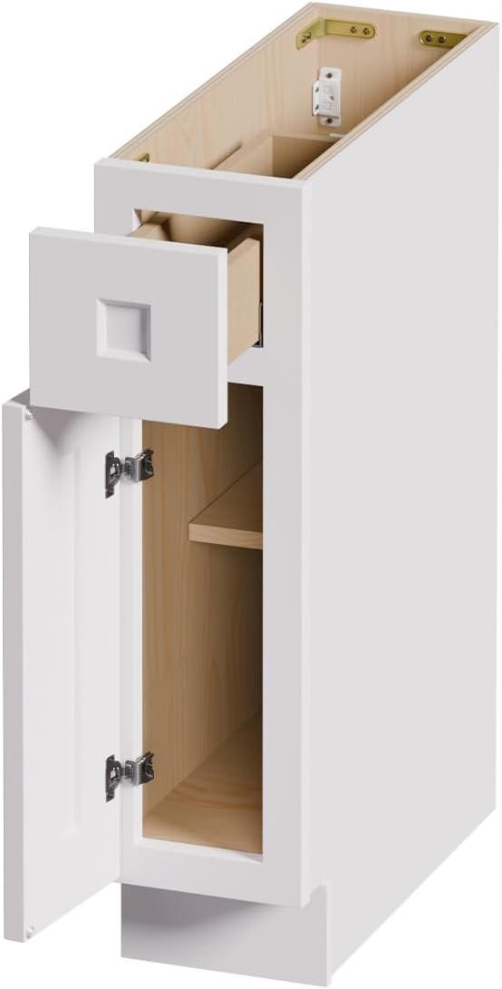 Solid Wood Kitchen Base Cabinets with Drawers, 9 Inch Wide 24 Deep RTA Storage Organizer with Shaker Doors, Small Cabinet Without Countertop, Easy Assembly for Laundry Room, Home Office-White