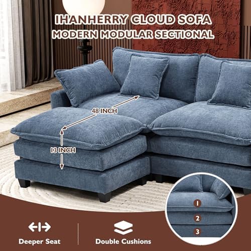 Ihanherry 111.4" U Shaped Modern Sofa Modular Sectional Cloud Couch with 2 Ottoman, 5-Seat Chenille Deep Seat Sofa with Pillow for Living Room, Bedroom and Apartment, Blue