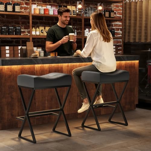 Counter Height Bar Stools Set of 2, Backless 26" Saddle Barstools, Grey | 300lb Weight Capacity, Waterproof PU Leather, Padded Saddle Seat, X-Shaped Metal Legs, Industrial, Home & Commercial Use