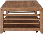 Pemberly Row 3-Piece Living Room Table Set, Harvest Brown Wood Finish, Poplar and Maple Veneers, Includes Cocktail Table with Casters and 2 End Tables, Shaker Style, Storage Shelves for Living Room