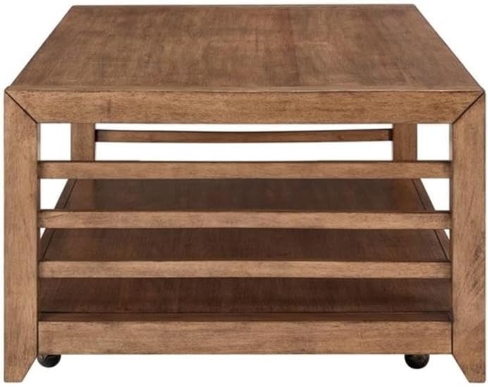 Pemberly Row 3-Piece Living Room Table Set, Harvest Brown Wood Finish, Poplar and Maple Veneers, Includes Cocktail Table with Casters and 2 End Tables, Shaker Style, Storage Shelves for Living Room