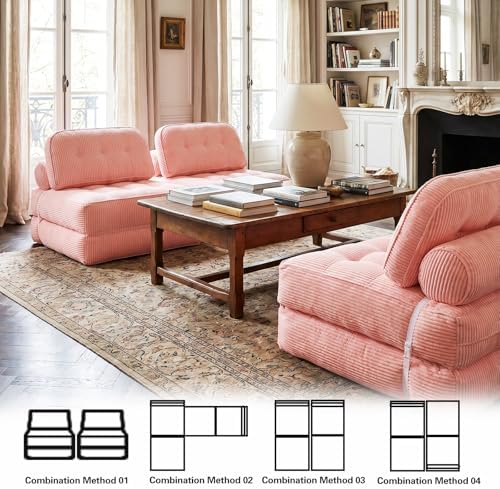 Folding Sofa Bed, Flannel Futon Couch Bed with Pillow and Blanket, Convertible Sleeper Chair for Living Room Bedroom (Two Pink)