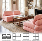 Folding Sofa Bed, Flannel Futon Couch Bed with Pillow and Blanket, Convertible Sleeper Chair for Living Room Bedroom (Two Pink)