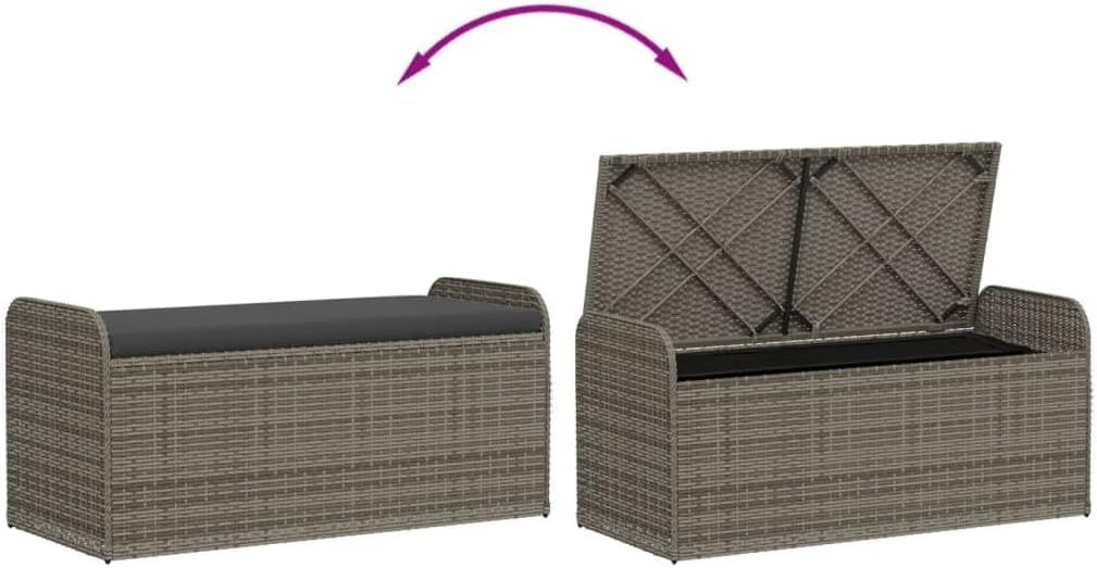 Poly Rattan Patio Storage Bench with Cushion, 45.3 Inch Outdoor Seat with Waterproof Bag and Gas Spring, Gray