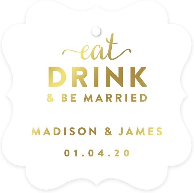 Andaz Press Personalized Fancy Frame Square Wedding Gift Tags, Metallic Gold Ink, Eat Drink and Be Married, 24-Pack, Custom Made Any Name