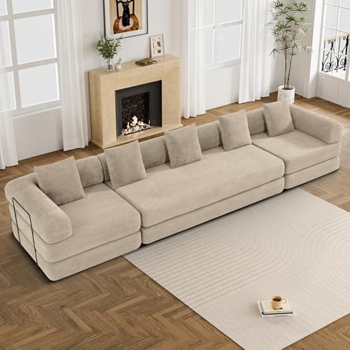 DAMAIFROM Convertible Sleeper Sofa Bed Floor Couch, Light Brown | 158" Corduroy Modular Compressed Futon Sofa Bed, Pull-Out Cloud Sectional Couch with Memory Foam Mattress for Living Room