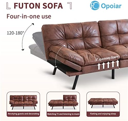 Opoiar Leather Futon Sofa Bed,Convertible Memory Foam Couch Bed,Futon Sets Daybed with Mattress Included,Folding Modern Sleeper Sofa Love seat for RV Car Living Room&Bedroom Small Space,Brown