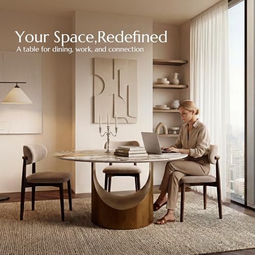 POVISON 59" Round Dining Table for 6, Pandora Sintered Stone Tabletop | Mid-Century Dining Table with Bronze Carbon Steel Pedestal, Modern Dining Room Table for Kitchen, Living Room (Table Only)