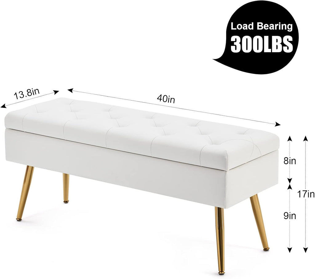 Gitrah Storage Bench Entryway Bench End of Bed Bench Ottoman Upholstered PU Leather Bedroom Bench Tufted Bench with Golden Legs 40" White