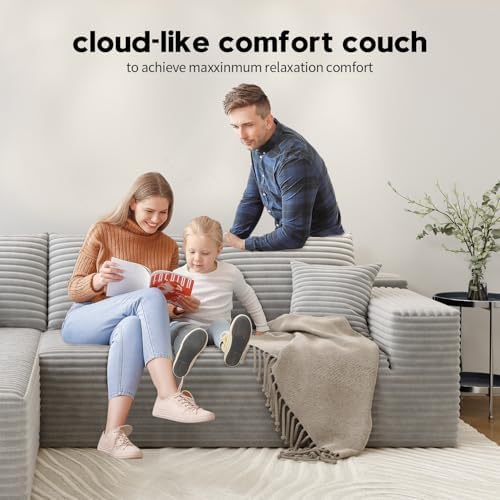 135.4" Cloud Modular Sectional Couch with 1 Ottoman,Modern Minimalist Upholstered Couches, Comfort U Shaped Sofa for Living Room,Deep Seat Corner Couch，No Assembly Required (Grey,Right Facing Chaise)