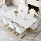 79" White Gold Dining Table Set for 8, Luxury Faux Marble Dining Table Set for 8 with White Gold Chairs, Kitchen Table Set with Gold Chrome Legs for Dining Room, Office