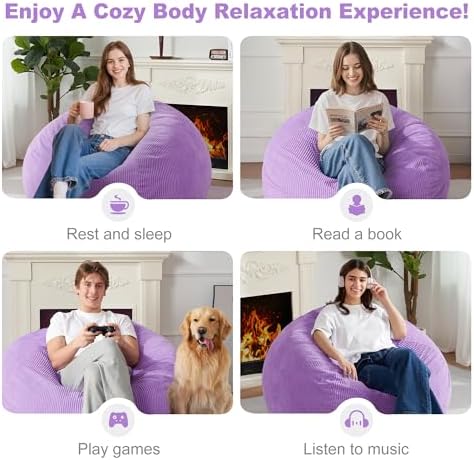 Homguava 3FT Bean Bag Chair for Adults,Teardrop Beanbag Chair with Handle | Big Bean Bag with Memory Foam Filled and Ultra Soft Corduroy Cover for Living Room, Bedroom（Pink 3FT)