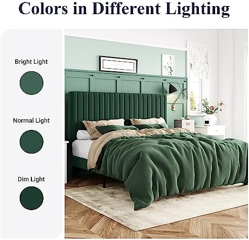 Allewie King Bed Frame, Velvet Upholstered Platform Bed with Adjustable Vertical Channel Tufted Headboard, Mattress Foundation with Strong Wooden Slats, Box Spring Optional, Easy Assembly, Green