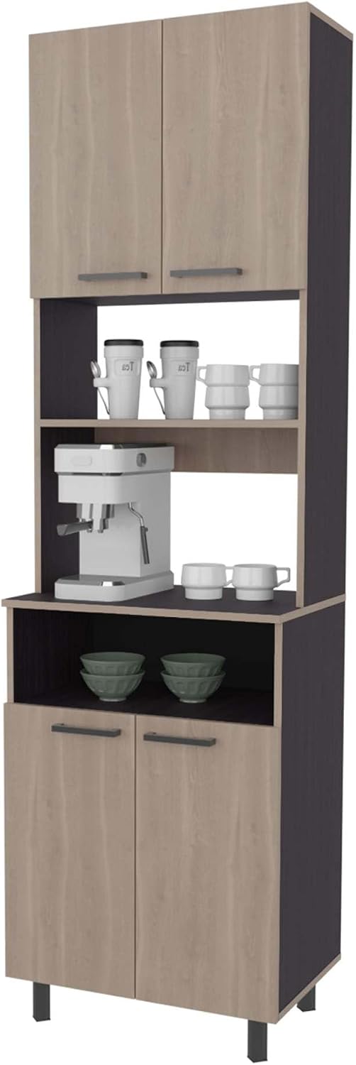 White Oak and Wengue Kitchen Pantry with Open Storage and 4 Doors | Combines white oak and wengue finishes with four doors and open storage