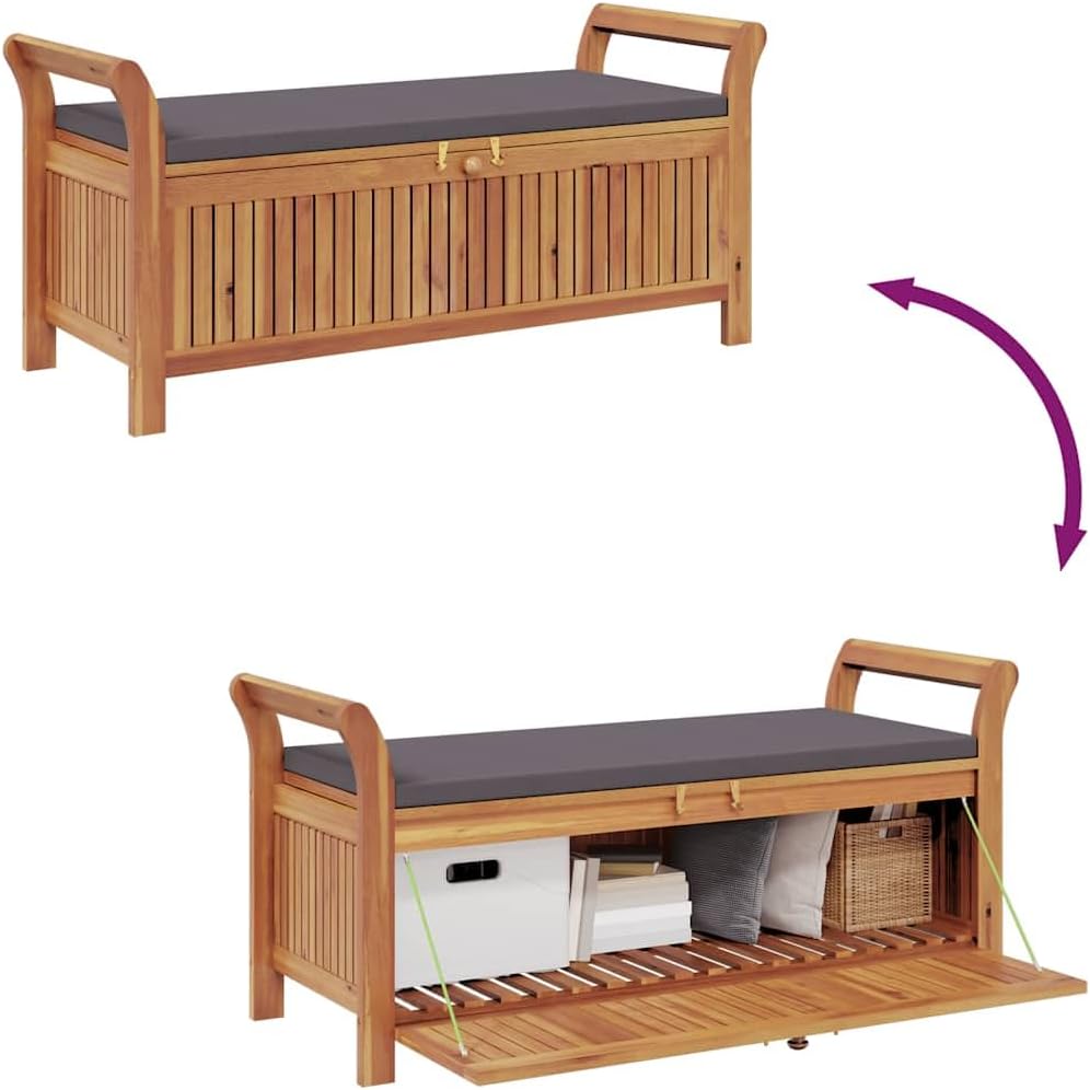 Garden Storage Bench with Cushion, Solid Acacia Wood Outdoor Patio Seat for Backyard, Porch, or Deck, 2-Seater Seating and Under-Seat Storage, Brown Finish, 49.6-inch Wide