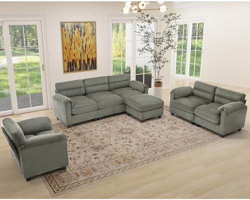 HAOMARKETS Corduroy Sofa Set, Upholstered Armchair and Loveseat with Plush Cushions and Rolled Arms, Modern Living Room Furniture Sets,Green